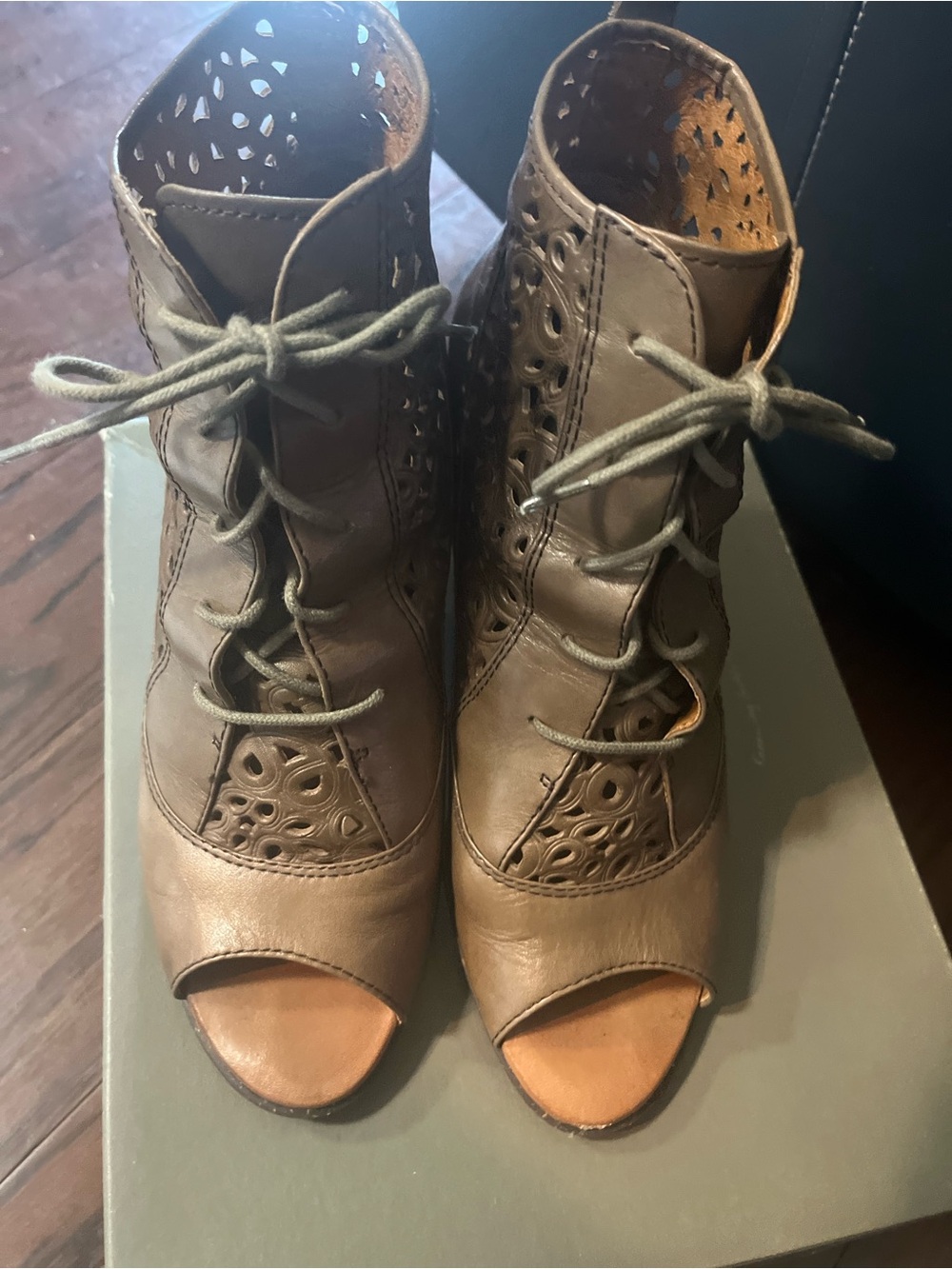 Naya Taupe Lace-Up Peep Toe Ankle Boots